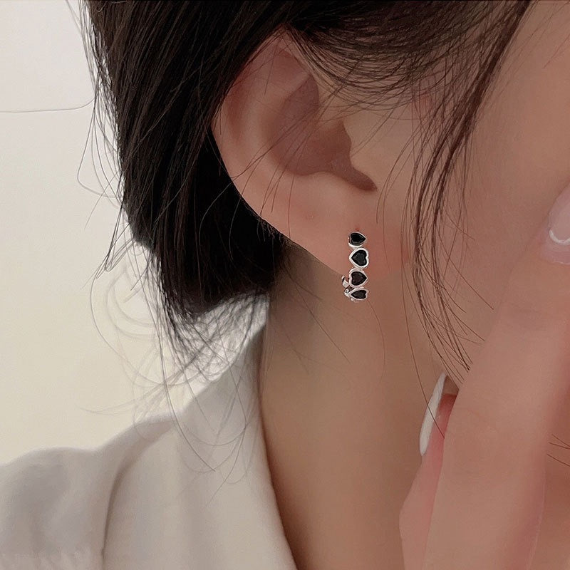 Silver Hoops with Ink Hearts Earrings